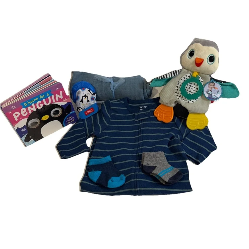 Baby Shower Animals Themed Gift Box, Penguin Book, Lovey Toy, Blanket & Clothes